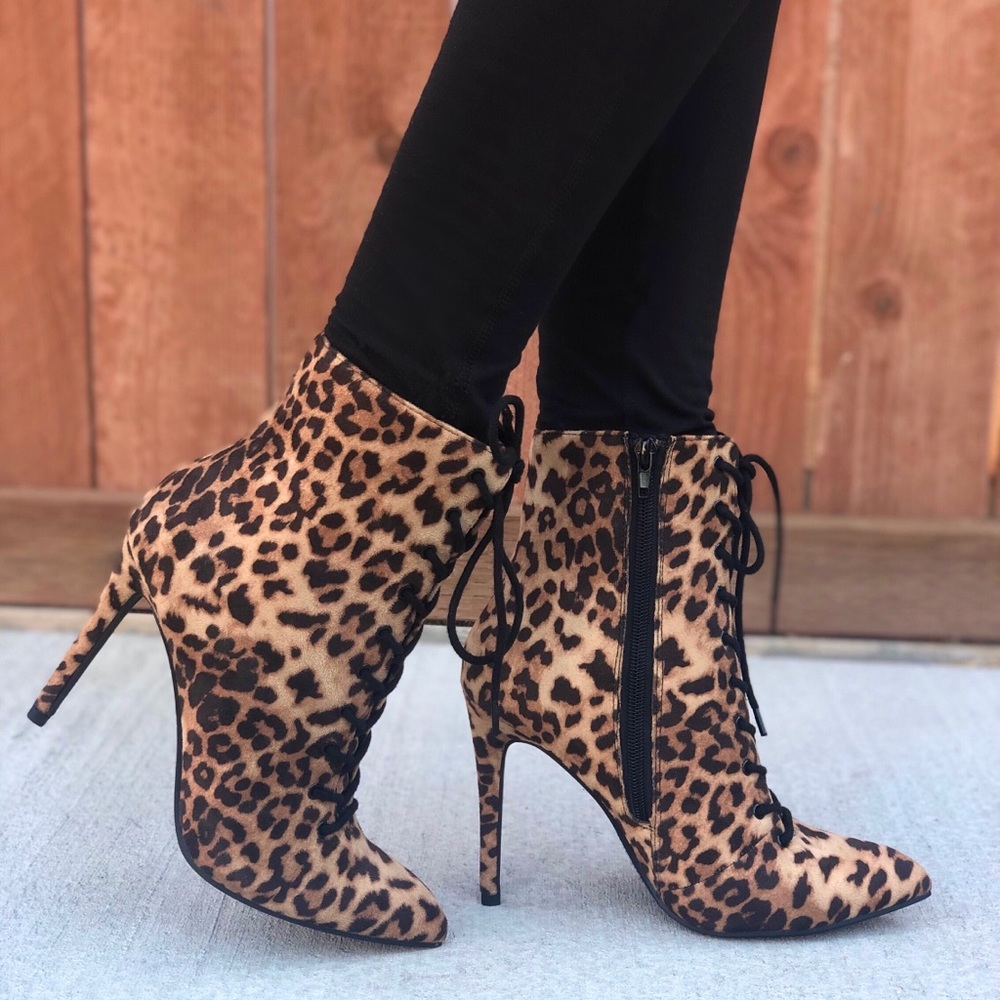 Leopard Print Lace Up Pointy Booties - image 1
